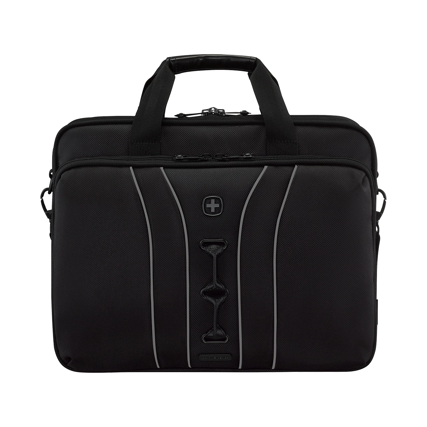 Black briefcase with handles and logo, suitable for office or travel.
