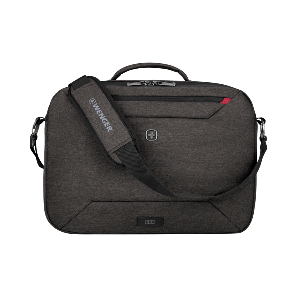 Dark messenger bag with logo and red accent, 1893