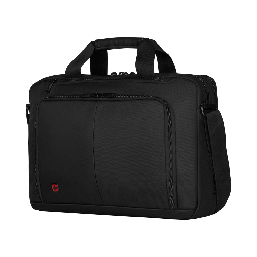 Black briefcase with handles and shoulder strap on a black background.