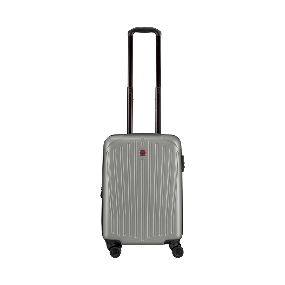 Silver suitcase with retractable handle and wheels, isolated on white