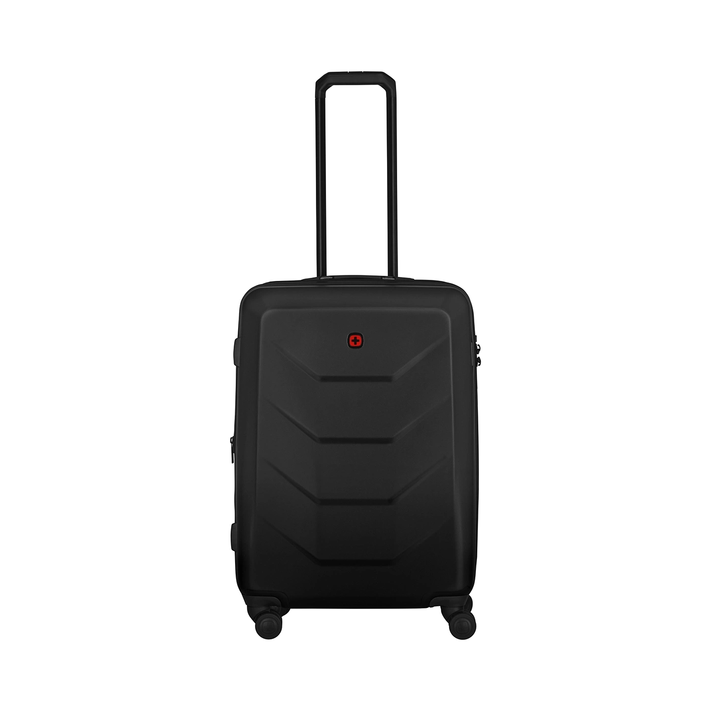 Black suitcase with red logo and retractable handle on a black background.