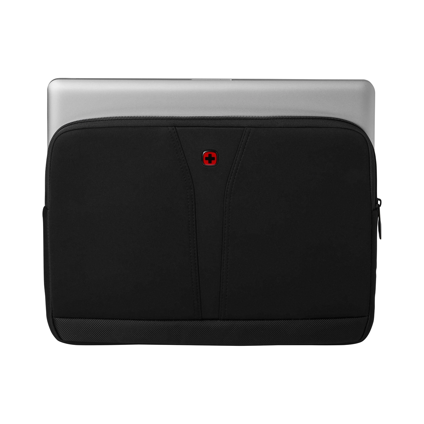 Black laptop sleeve with red logo and zipper on a black background.