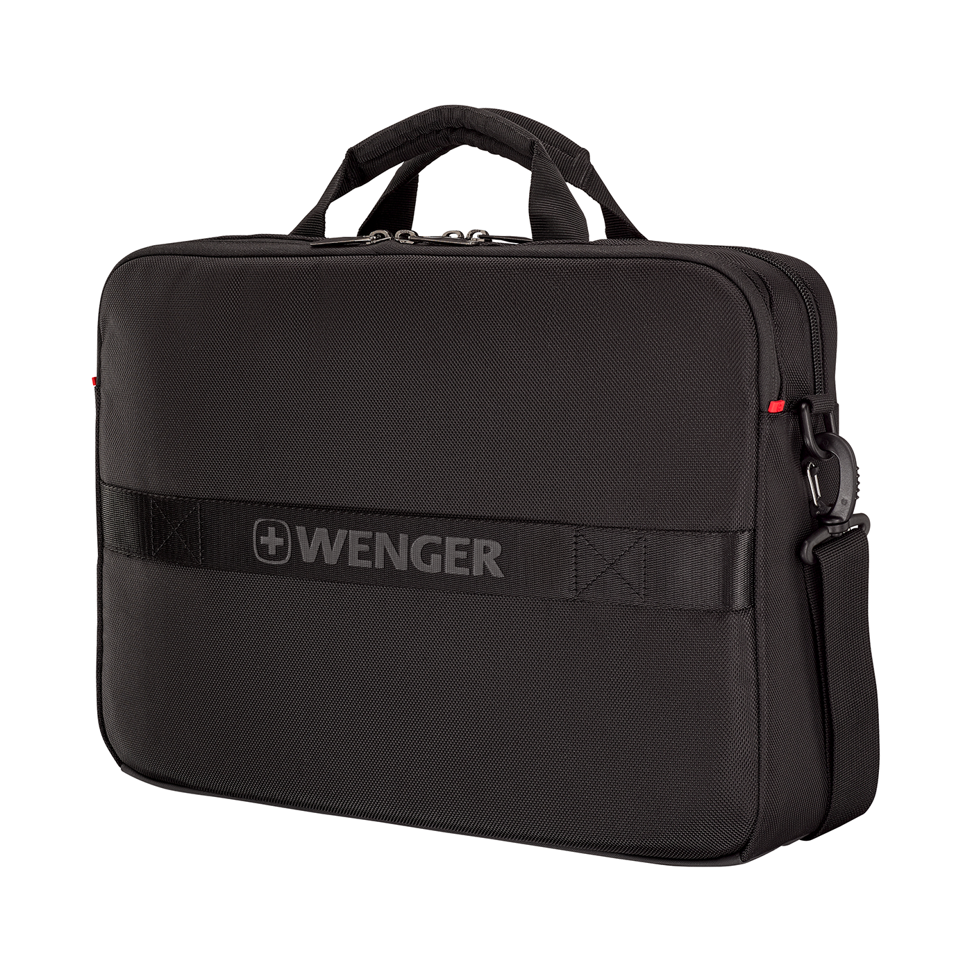 Black laptop bag with handle and shoulder strap, Wenger logo visible.