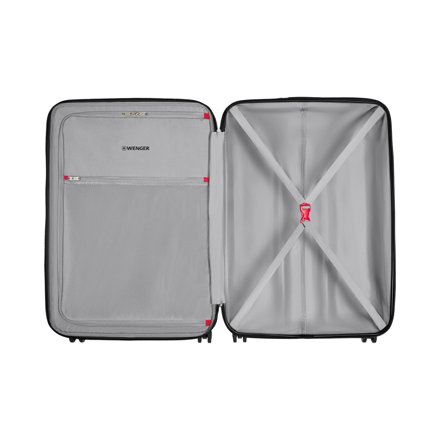 Open suitcase with gray interior, red accents, and Wenger branding. Travel luggage.
