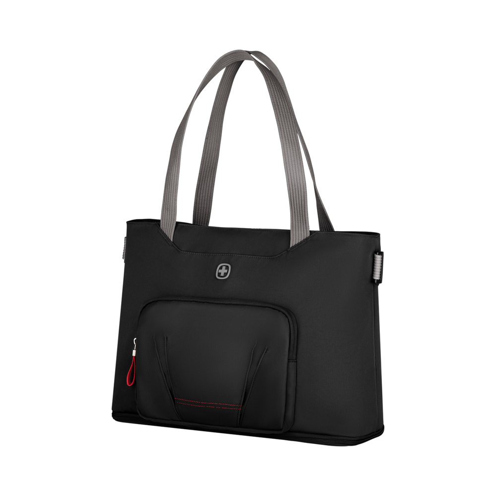Black tote bag with gray straps and red zipper on a black background.