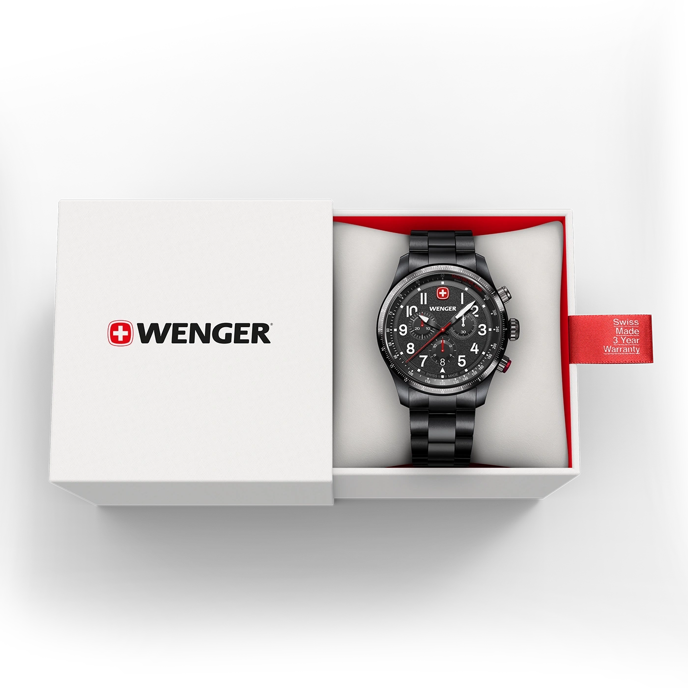 Wenger Uhr in einer Box, Swiss Made, 3 Jahre Garantie, schwarz.