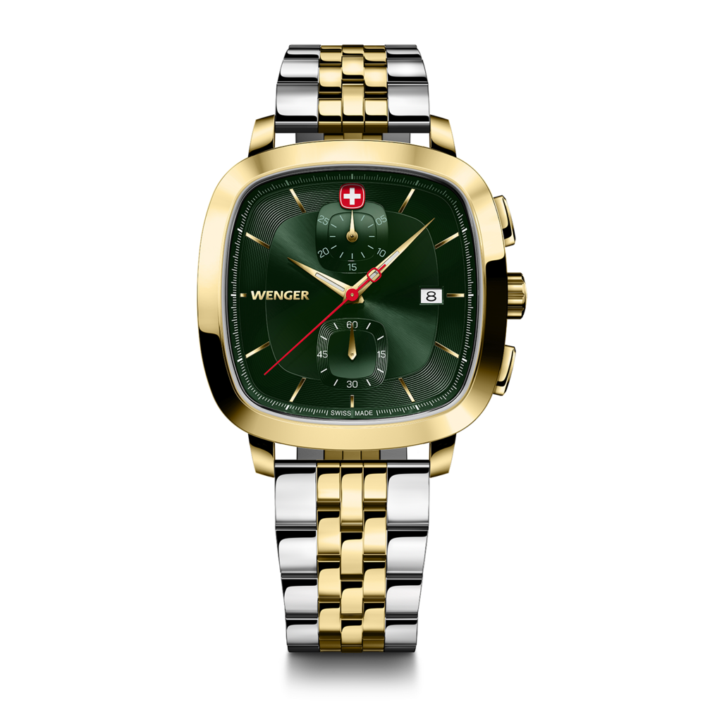 Wenger watch with green face, gold case and bracelet, Swiss made design and style.