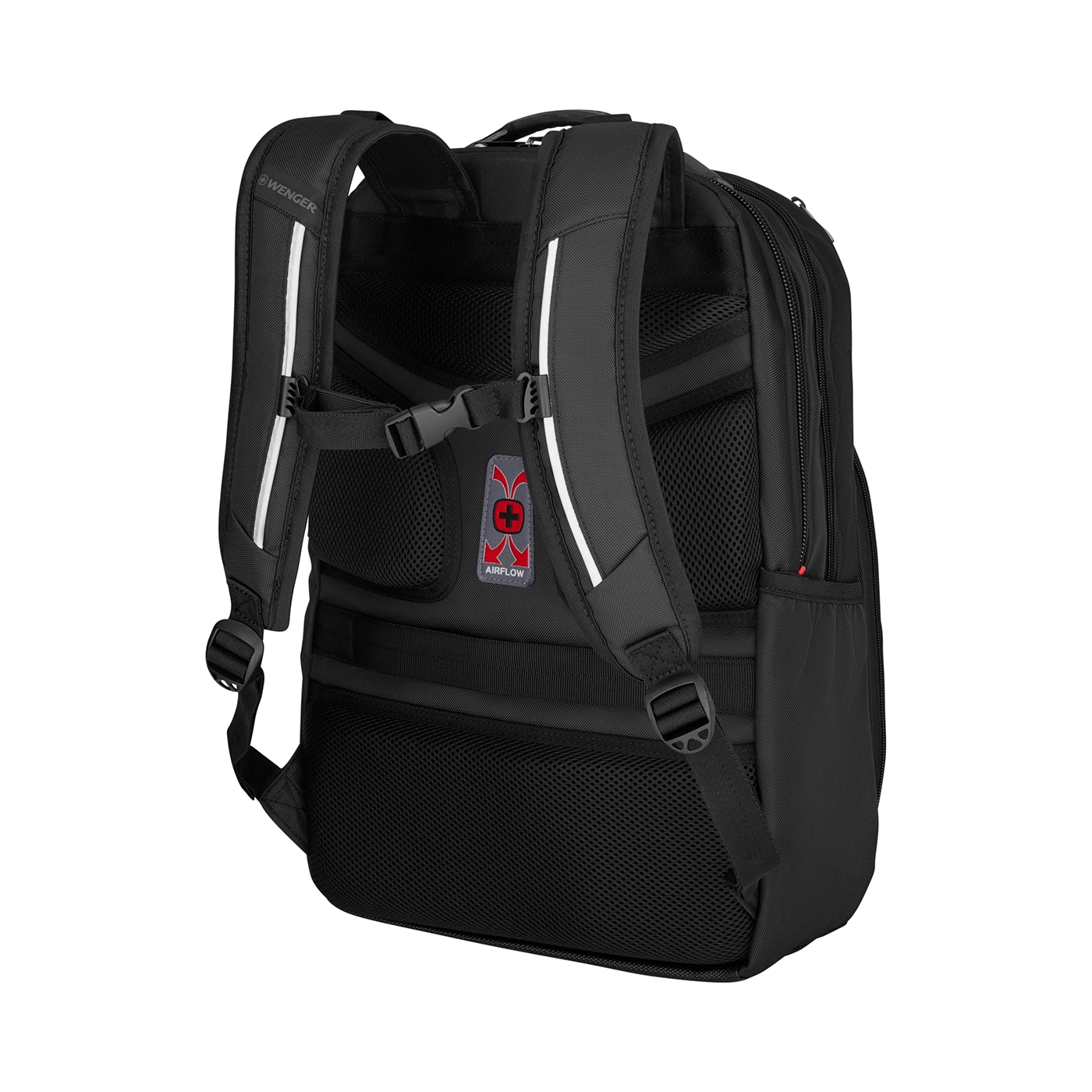 Black Wenger backpack with Airflow system and reflective stripes on straps.