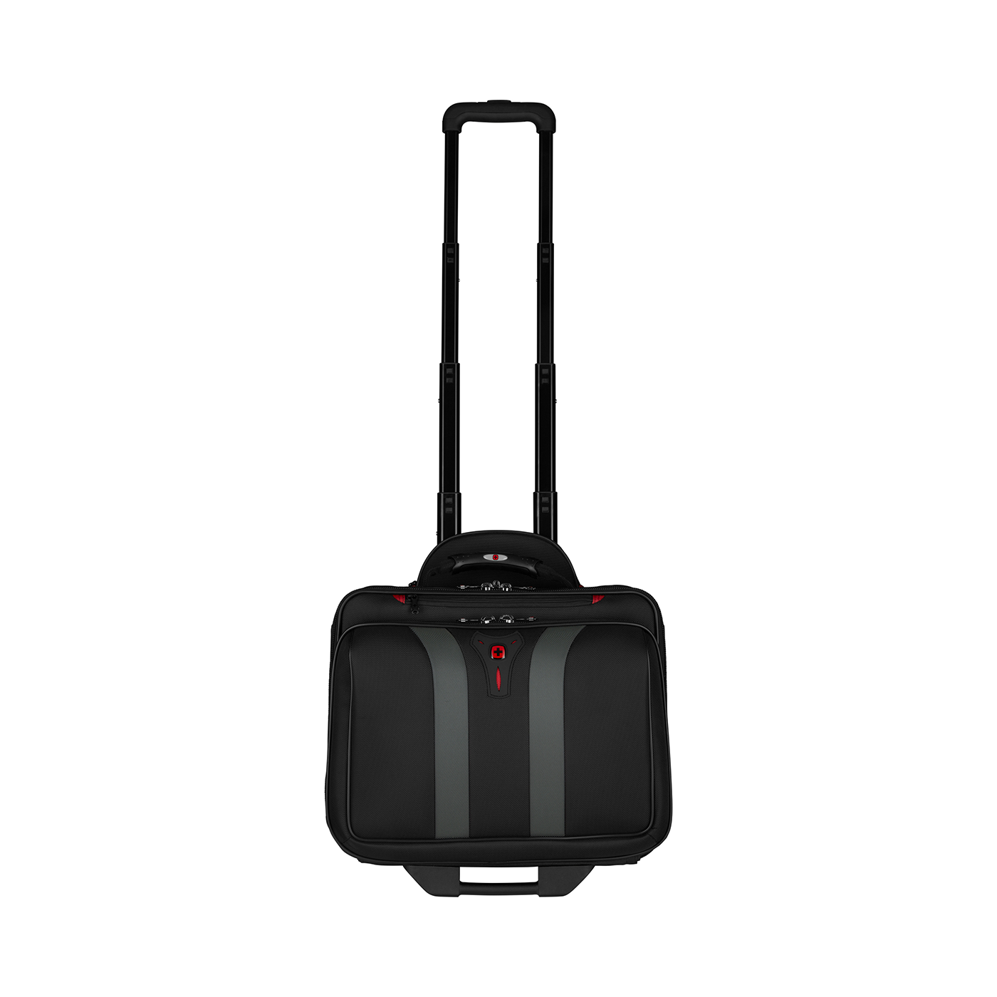 Black rolling laptop bag with retractable handle on a black background, ready to travel.
