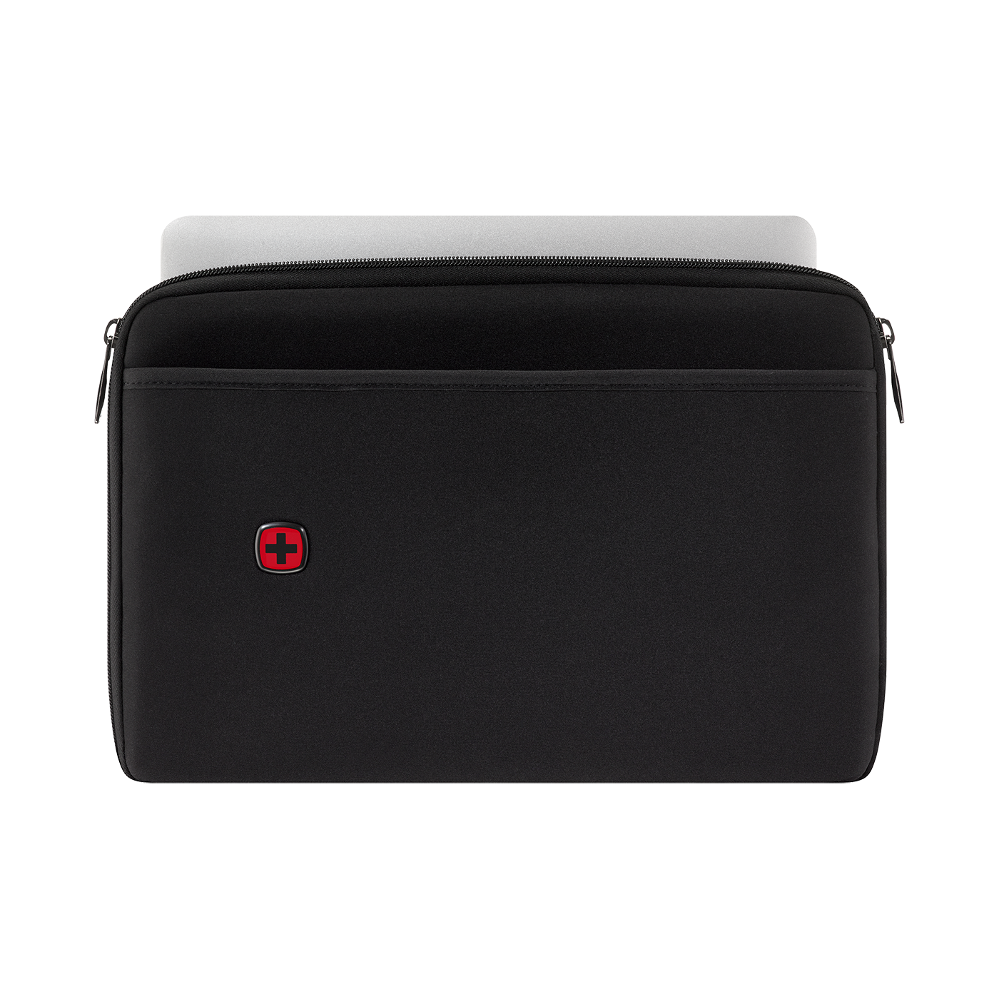 Black laptop sleeve with zipper and red logo, laptop inside, close-up shot.