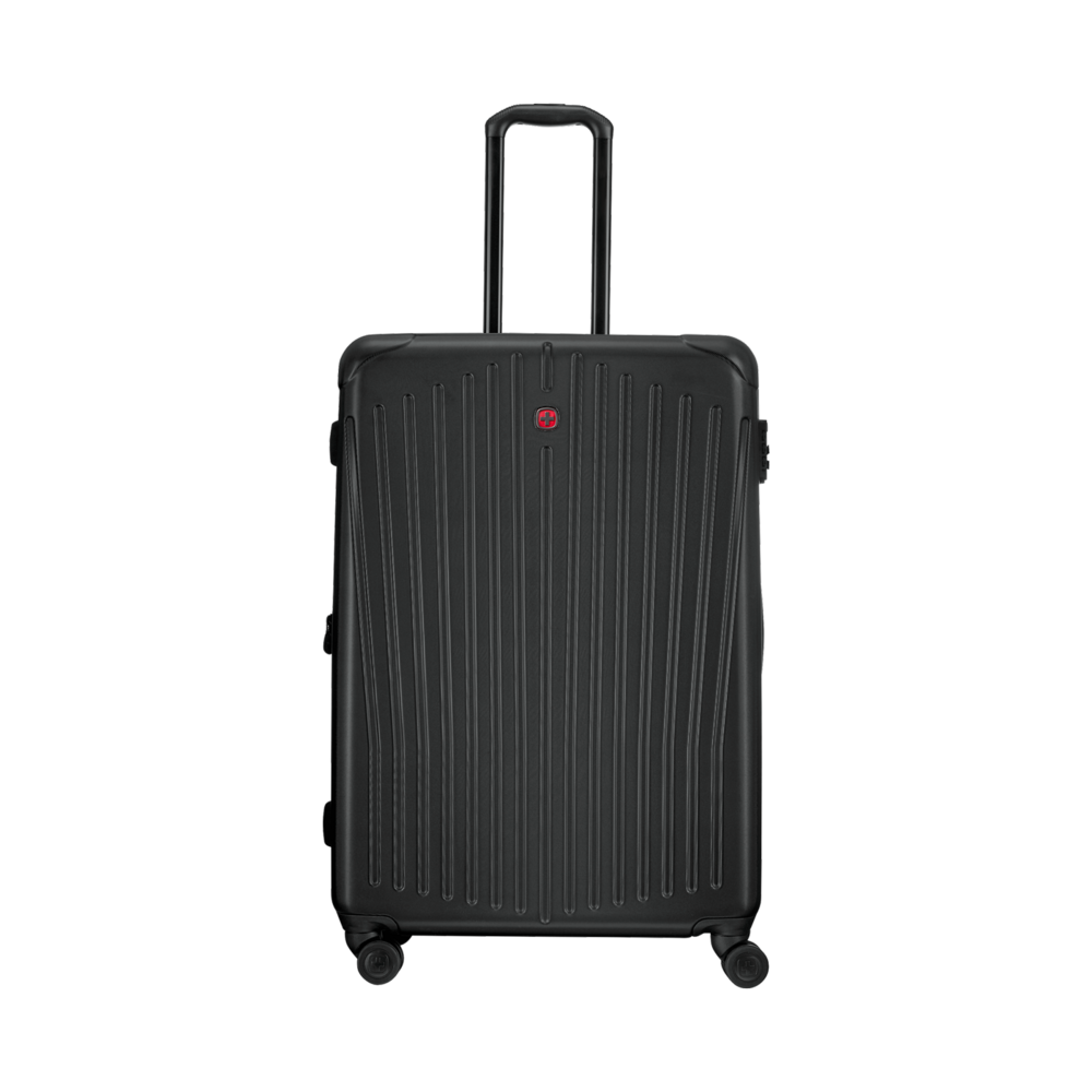 Black suitcase with handle and wheels, vertical lines, logo, luggage for travel