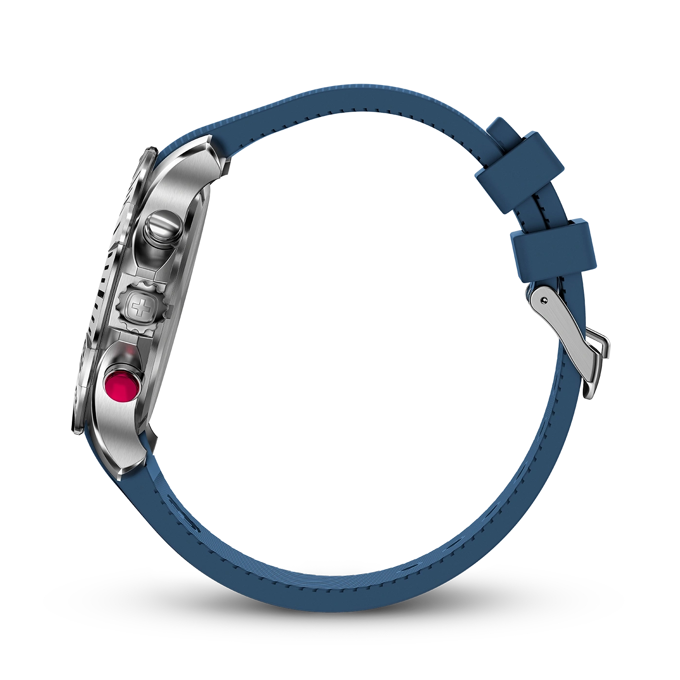 Blue watch with silver case and strap, side view, close-up shot, elegant design