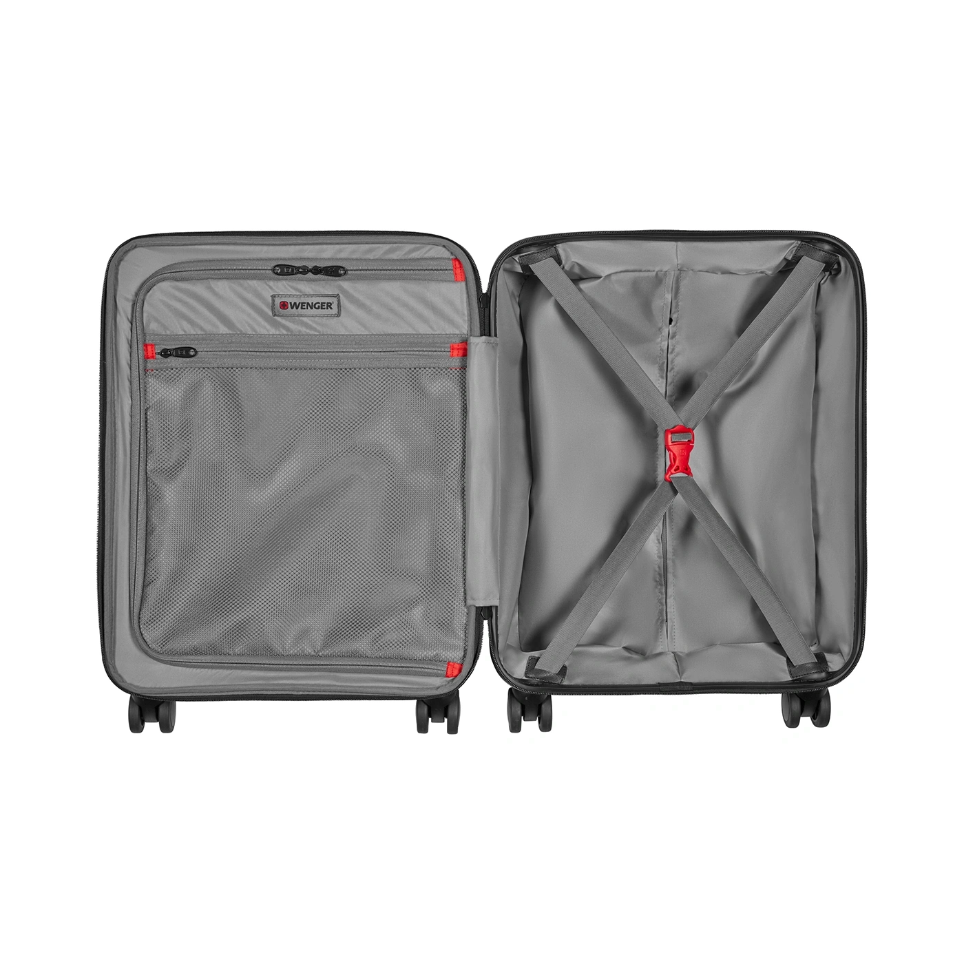 Open suitcase with gray interior and red accents, brand Wenger. Luggage with compartments.