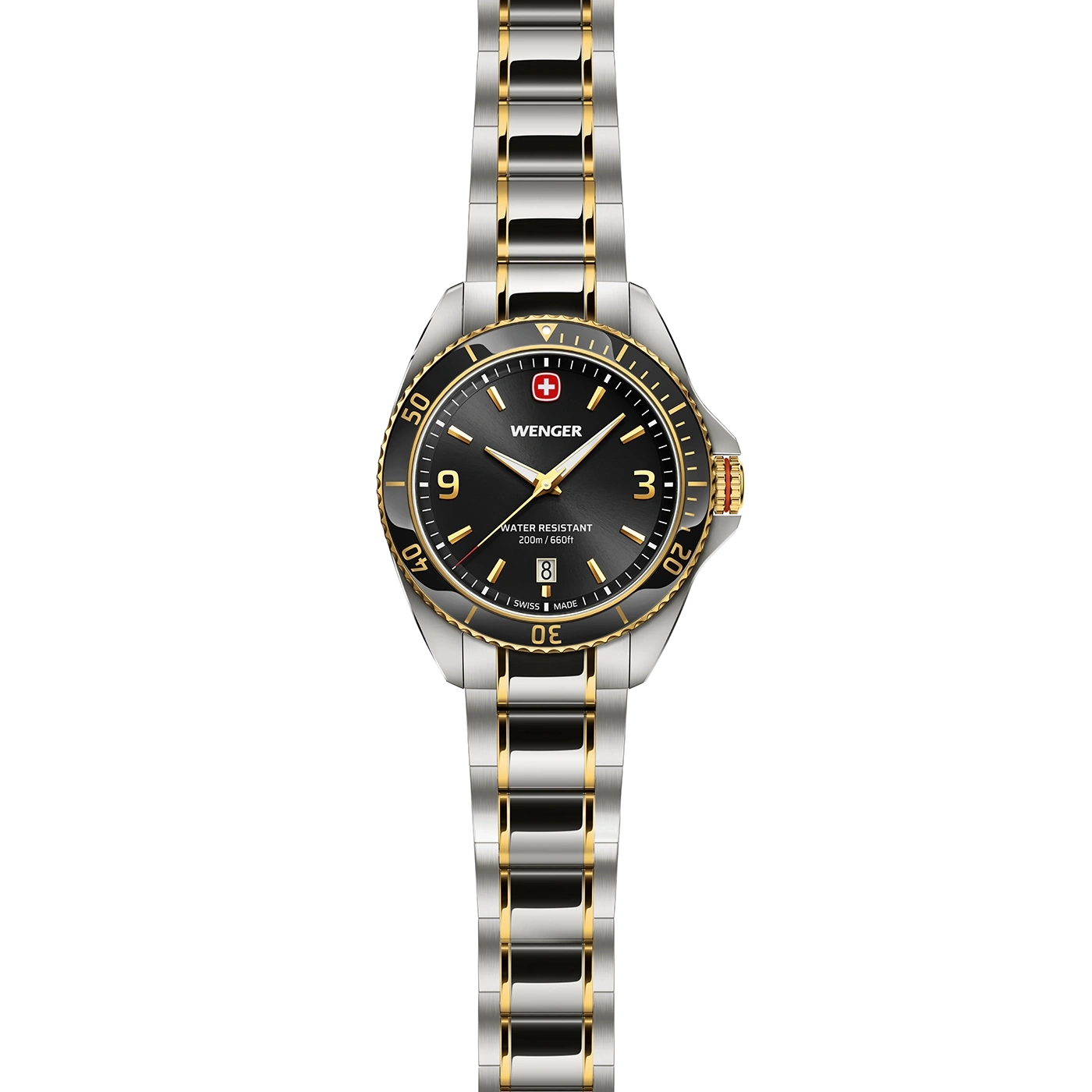 Wenger watch with black face, gold accents, and silver and gold bracelet.