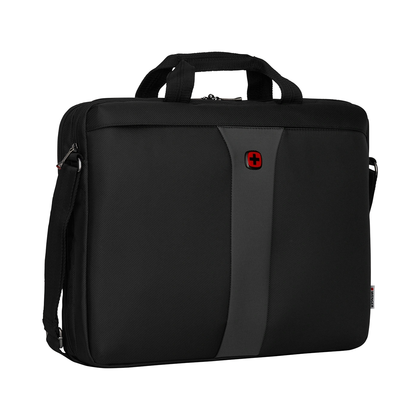 Black laptop bag with red cross and handle, by Wenger brand.