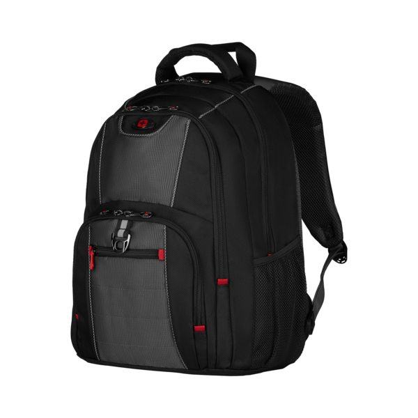 Black backpack with red accents and Swiss cross logo on a black background