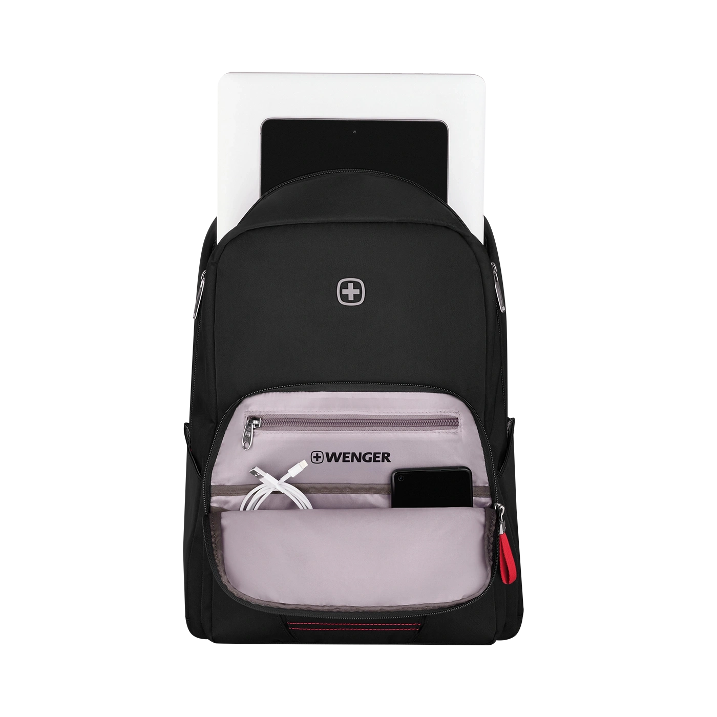 Black backpack with tablet and smartphone, Wenger logo visible.