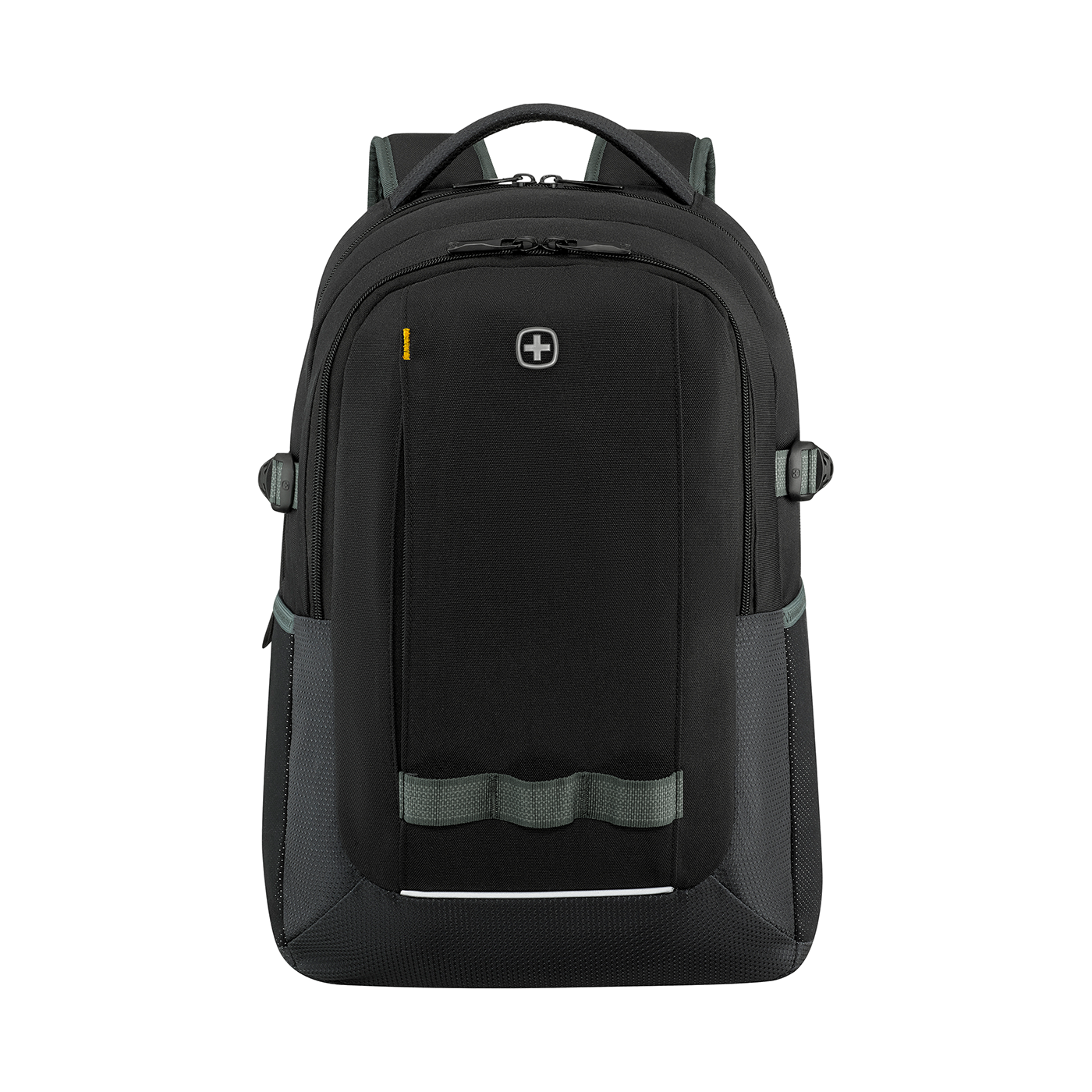 Black backpack with gray details and a white stripe, ideal for everyday use and travel.