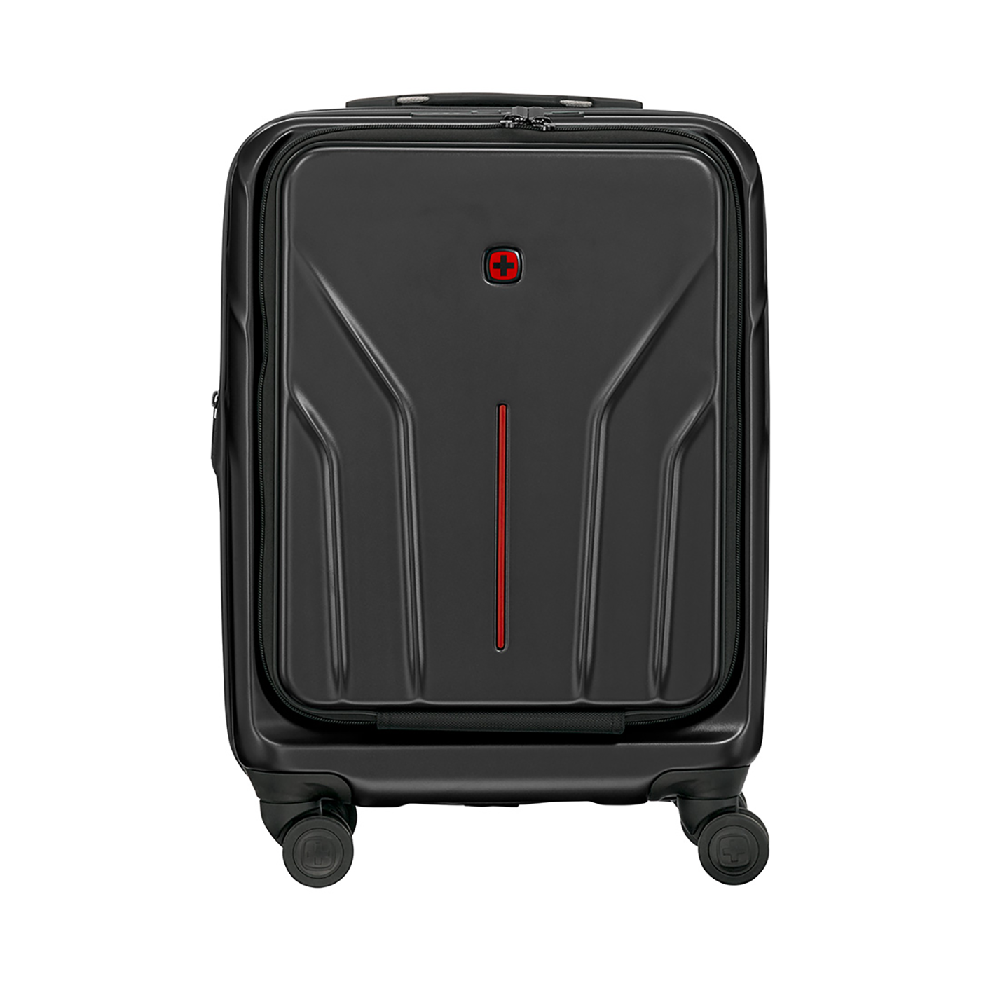 Black suitcase with red stripe and Swiss cross logo on white background