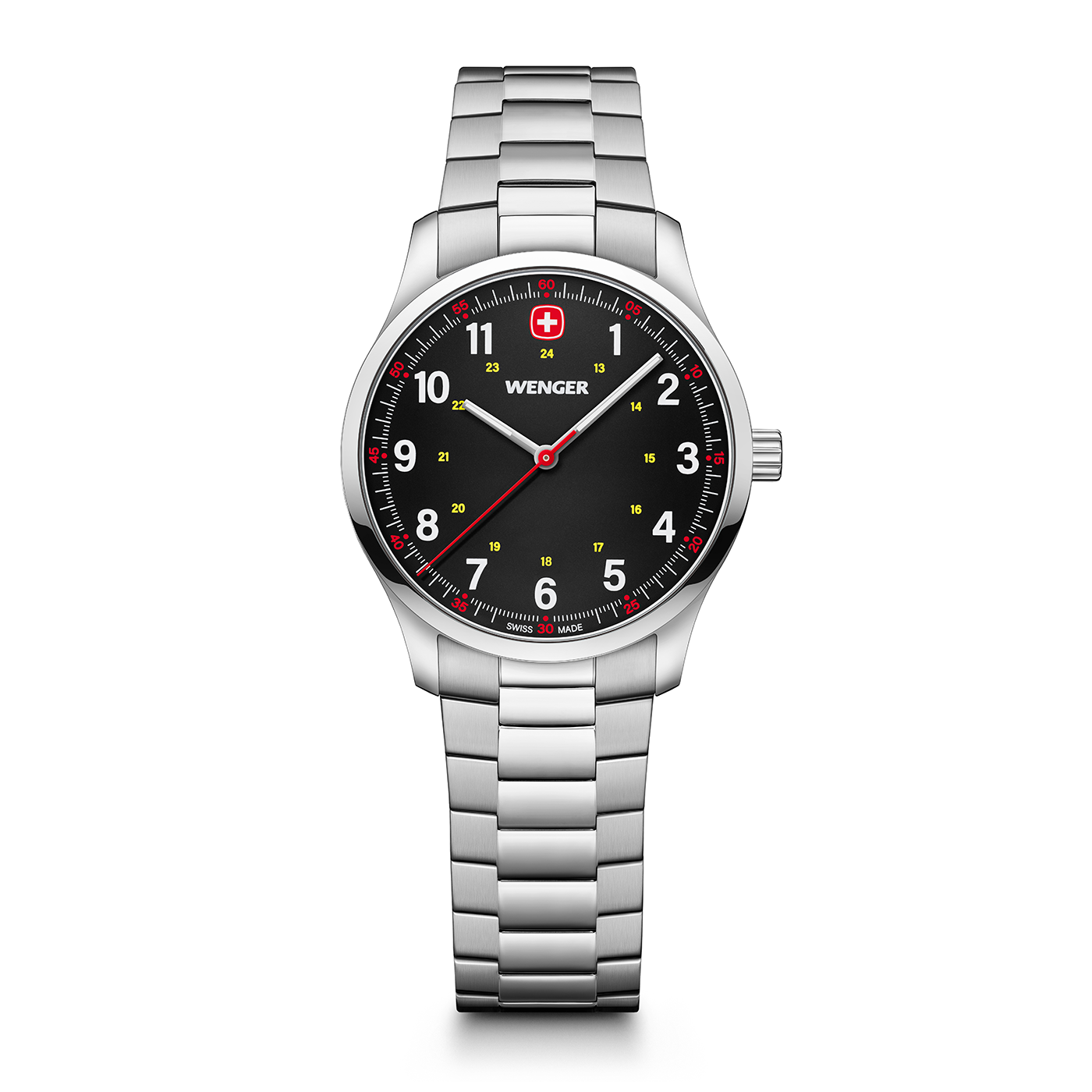Wenger watch with black face and silver band. Swiss made, classic design.