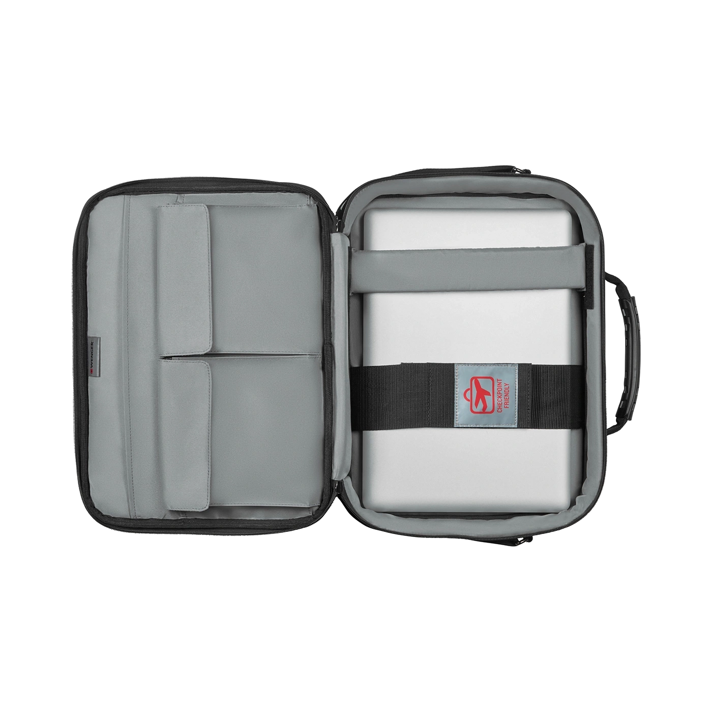 Open laptop bag with laptop, gray interior, and checkpoint-friendly label.