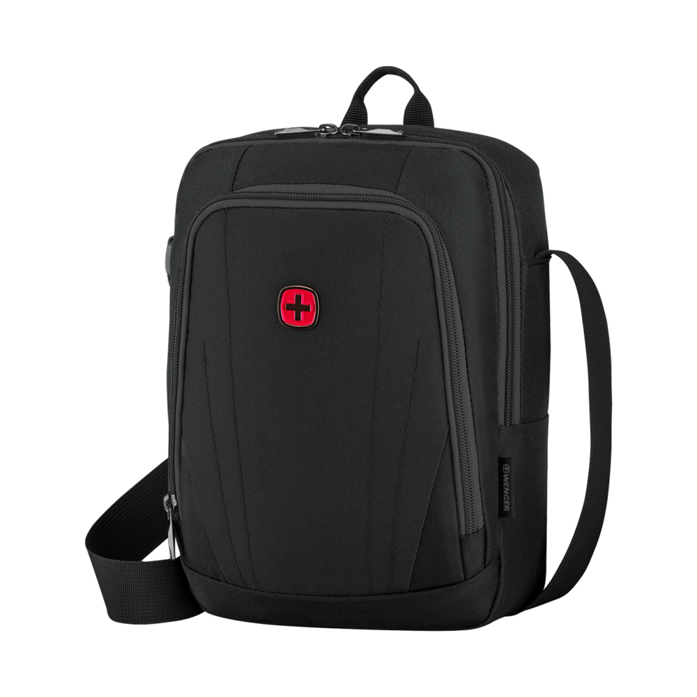 Black shoulder bag with red cross and zipper, by Wenger, for carrying items.