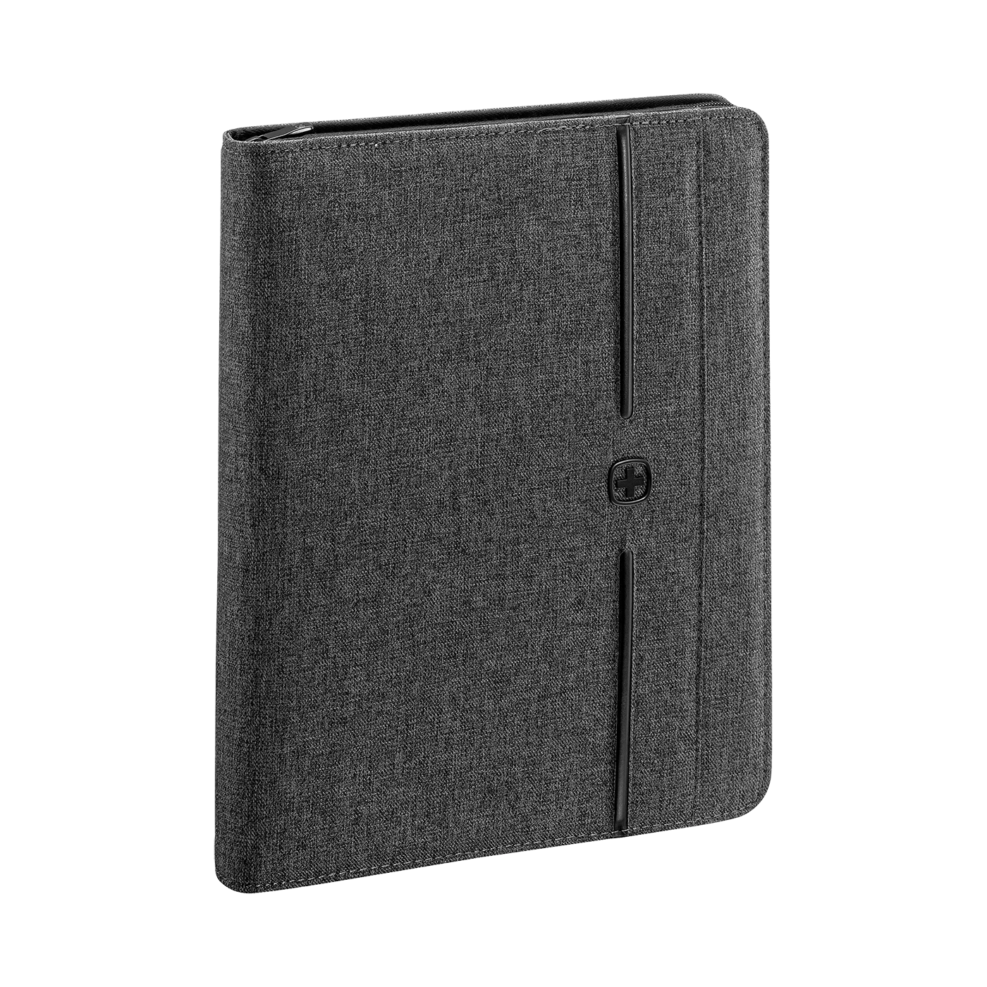 Gray notebook with zipper and logo, fabric texture, close-up shot