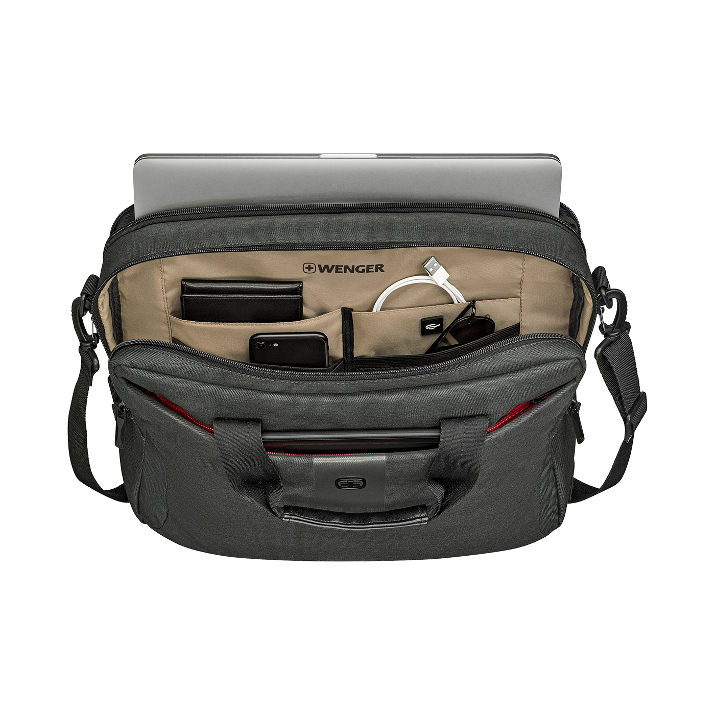 Black briefcase with laptop, phone, sunglasses, and cables. Brand: Wenger.