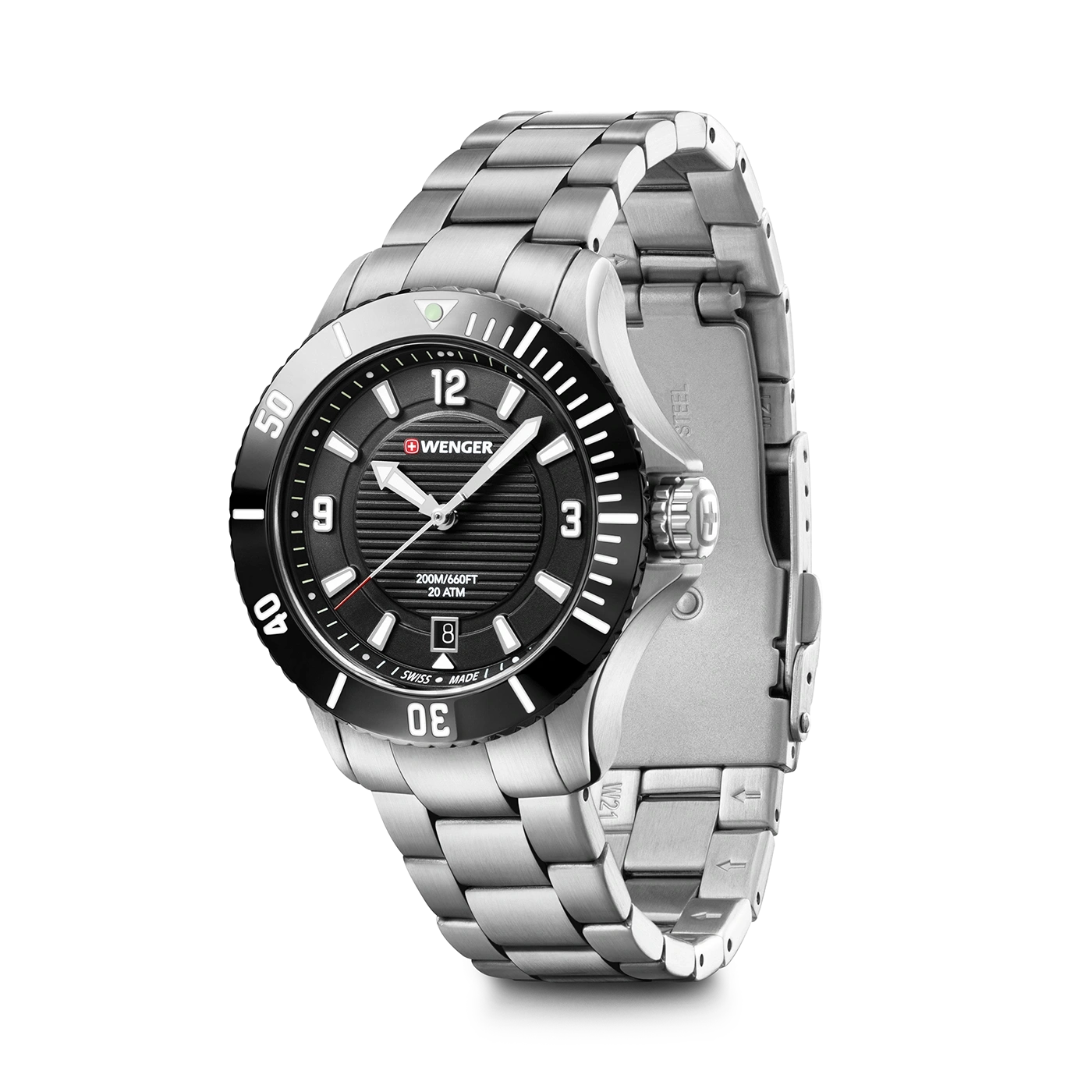Wenger watch, stainless steel band, black dial, 20 ATM, Swiss Made