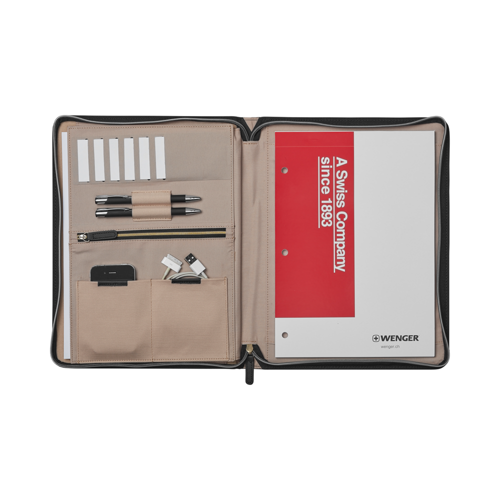 Black briefcase with pens, paper, and a smartphone. Wenger logo visible.