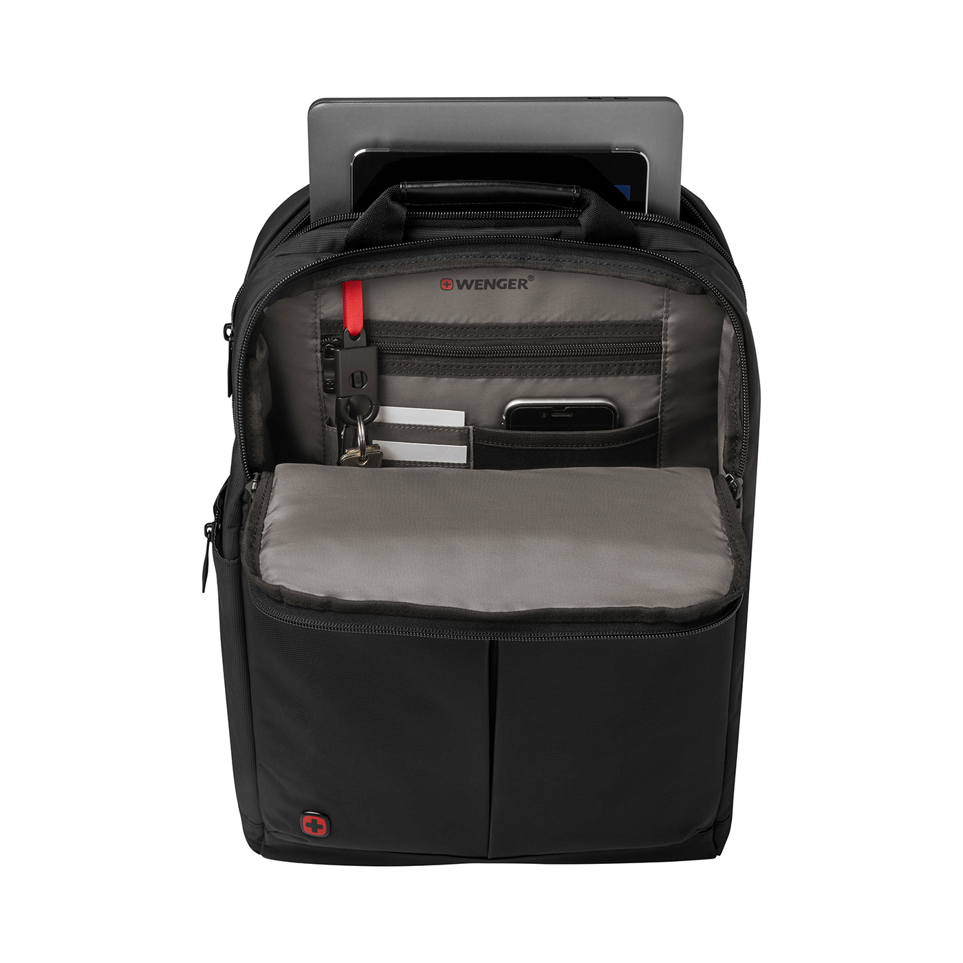 Black backpack with open compartment, tablet, keys, and smartphone inside.