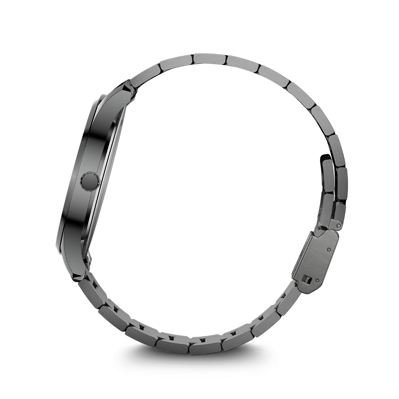 A close-up of a silver watch with a band on a white background.