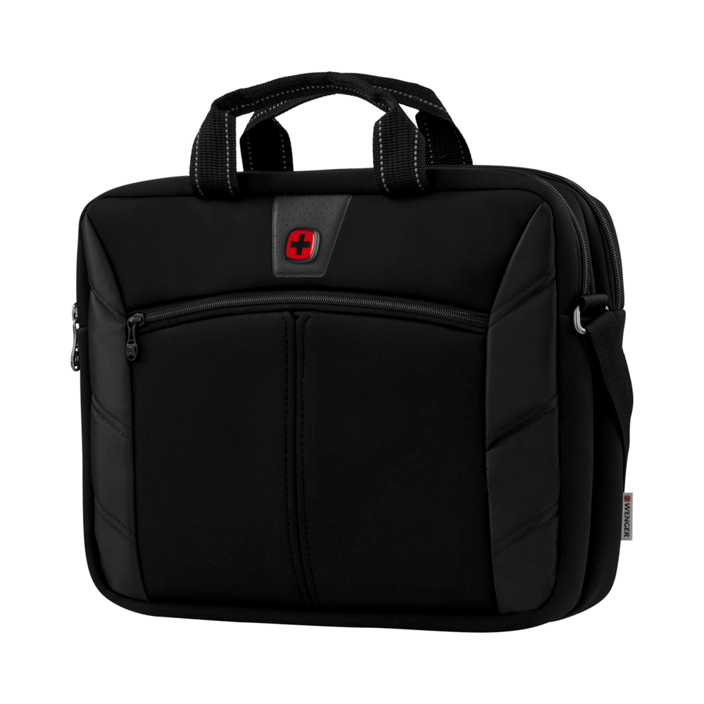 Black laptop bag with red logo and handle