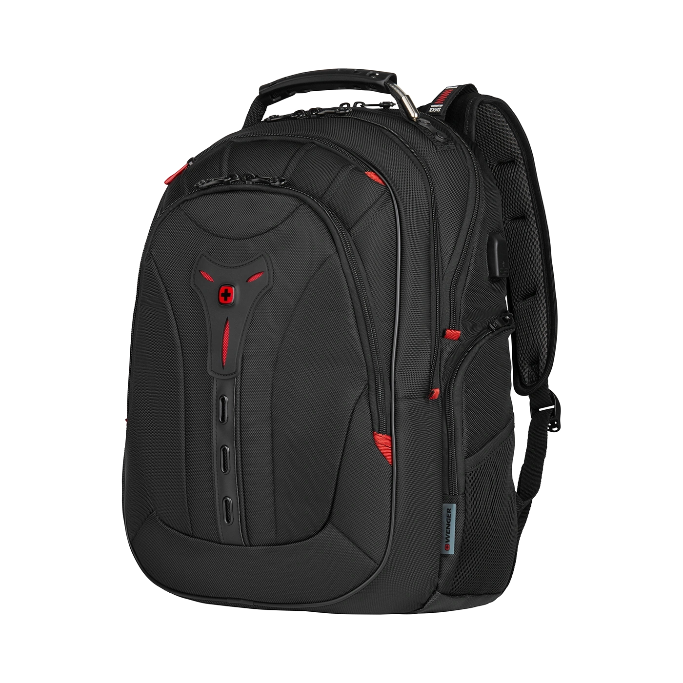 Black backpack with red accents and the Wenger logo, perfect for travel.