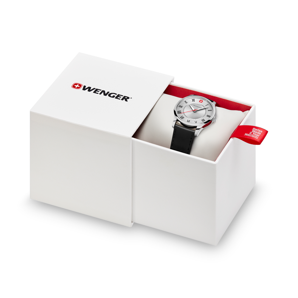 Wenger watch in a white box with red lining and warranty tag