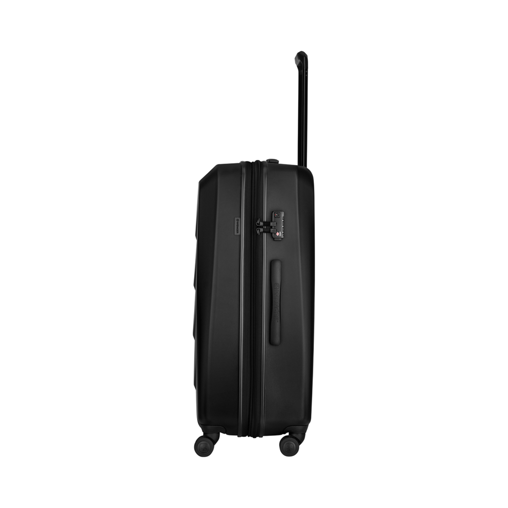 Black suitcase with pull-out handle and wheels, side view, isolated on black background
