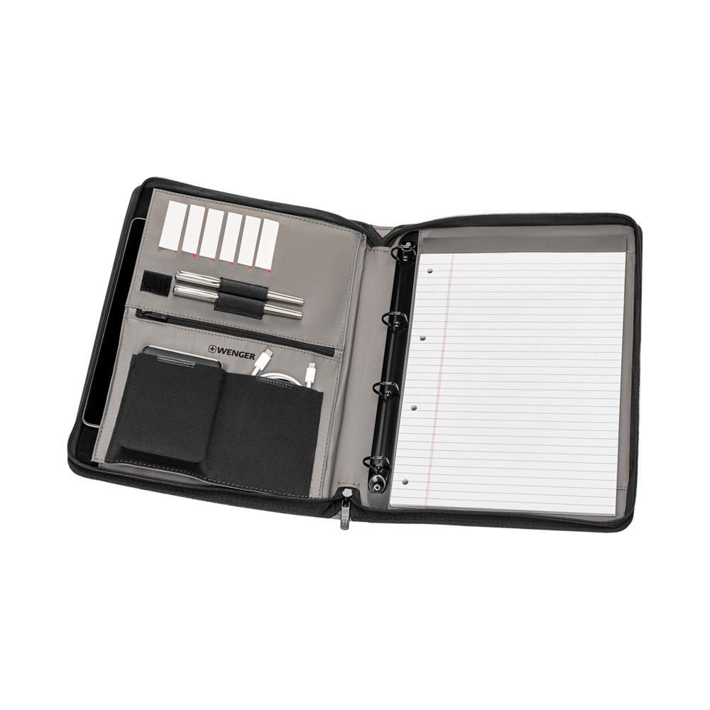 Open black folder with pens, notepad, and various accessories inside.