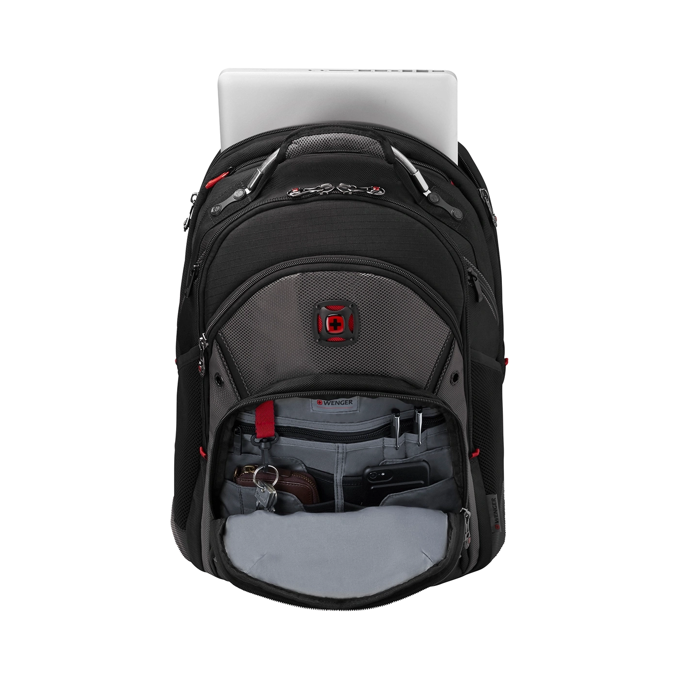 Black backpack with laptop and open pockets, Wenger brand, on black background.