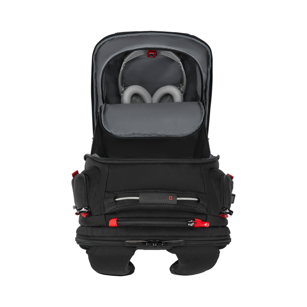 Black backpack with headphones, open, on black background, Wenger brand.