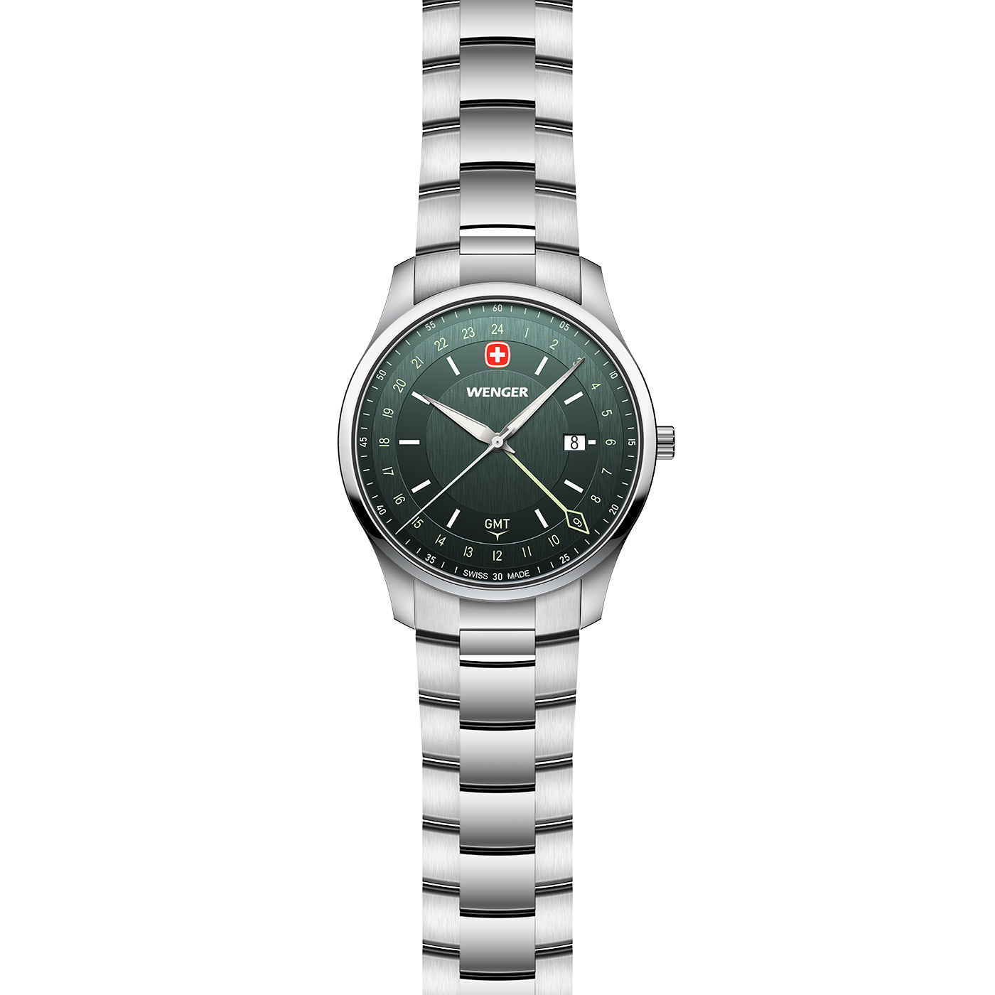 Wenger GMT men's watch with silver bracelet and green dial