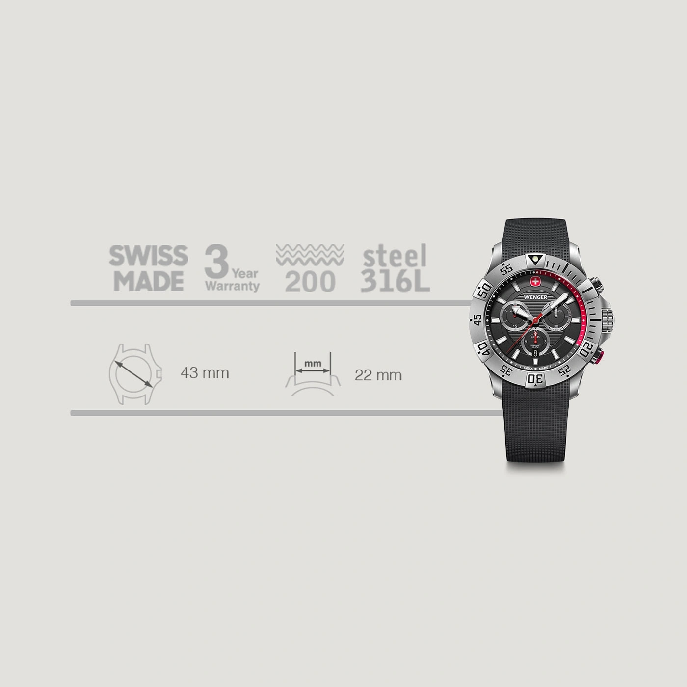 Wenger watch, Swiss made, 43mm case, 22mm band width, 200m water resistant, steel 316L.