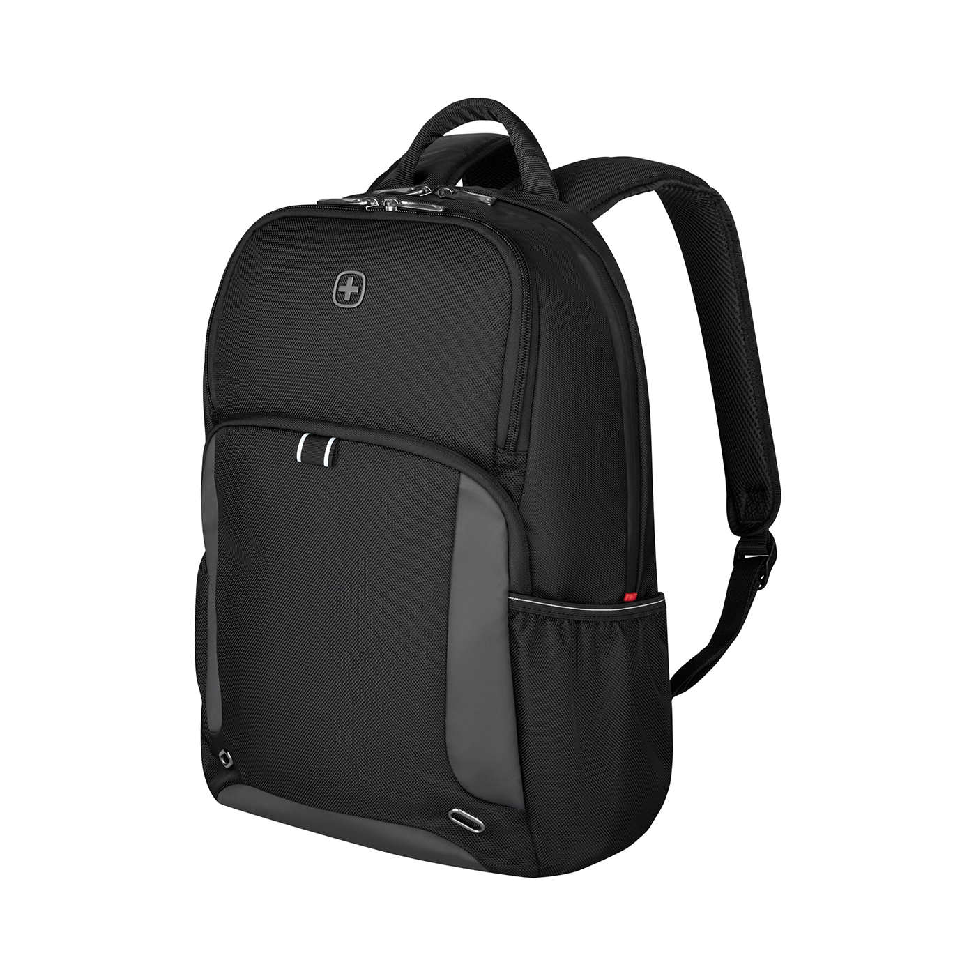 Black backpack with Swiss cross logo, perfect for everyday use and travel.