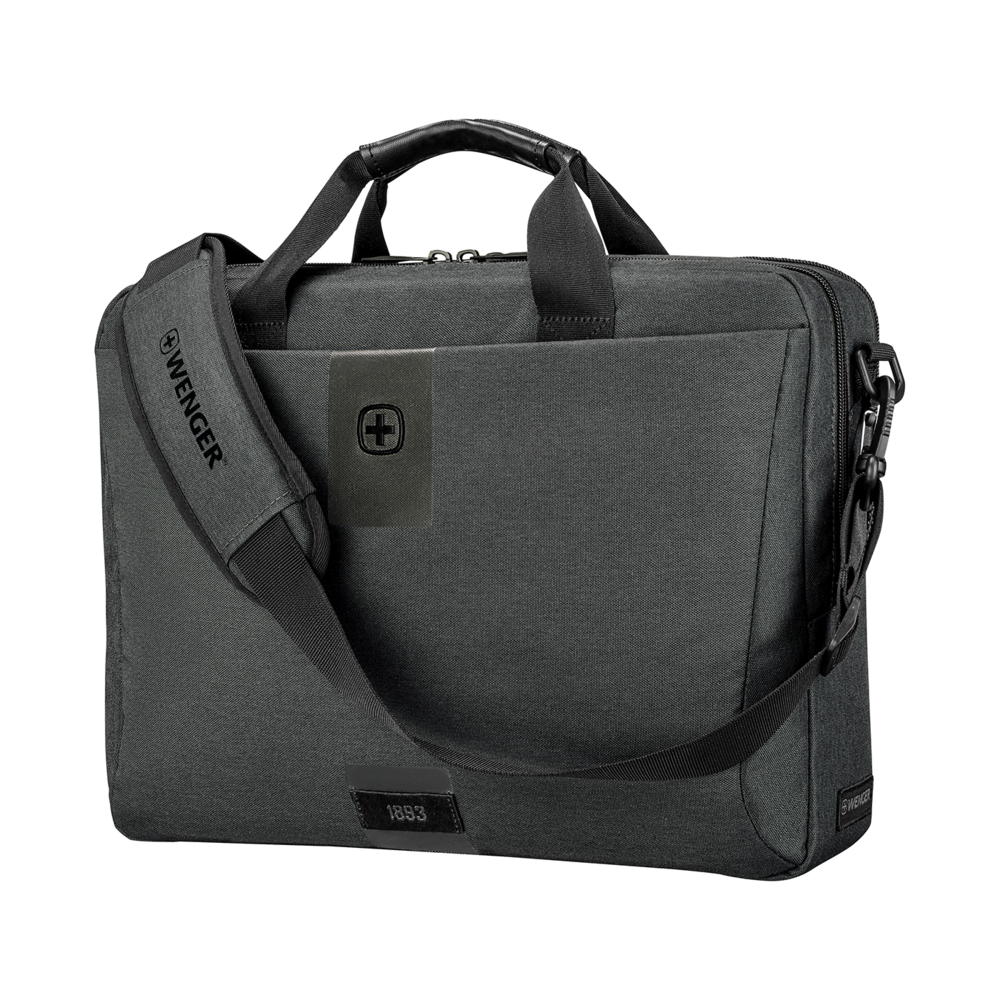 Dark gray briefcase with shoulder strap and Wenger logo