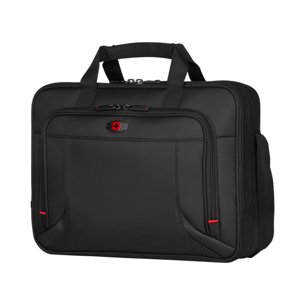 Black briefcase with red accents and Swiss cross logo on a black background