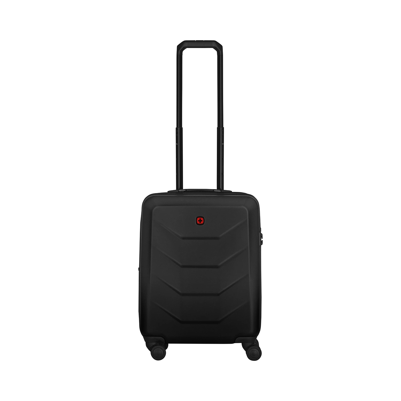 Black suitcase with retractable handle and red logo on a black background.