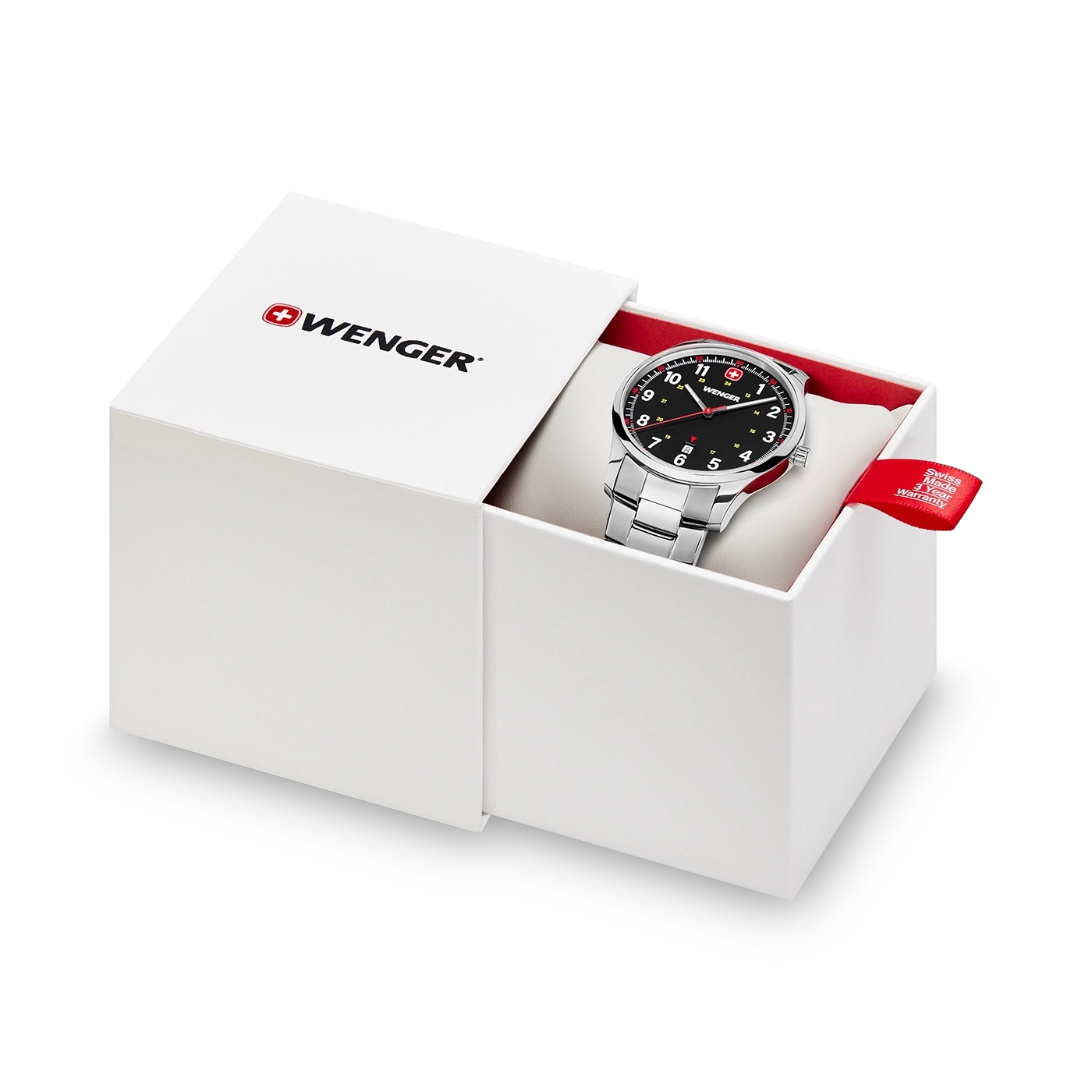 Wenger watch in white box with red accent and warranty tag