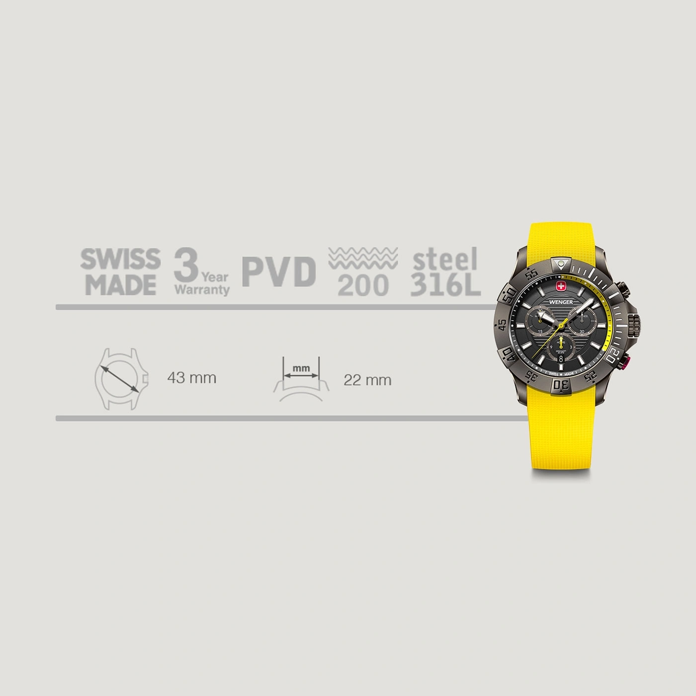 Wenger watch with yellow strap, 43mm case, 22mm band width, Swiss Made, 3 year warranty, PVD, 200m water resistant.