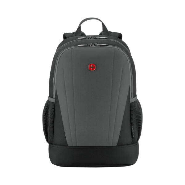 Gray backpack with red cross and zippers, Wenger logo, black base and mesh pockets.