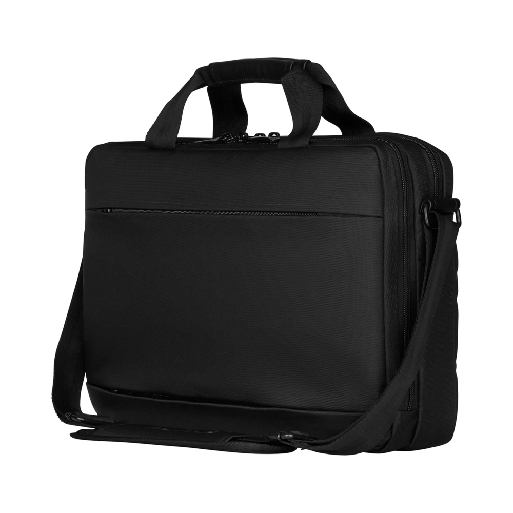 Black briefcase with handles and shoulder strap, isolated on black background