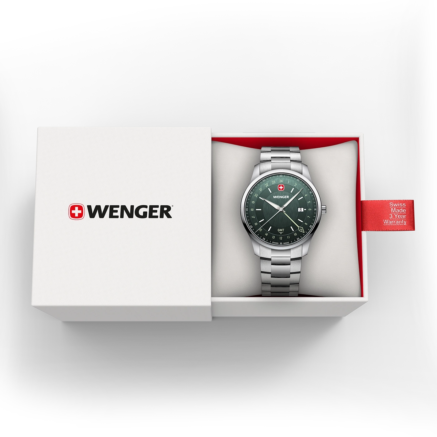 Wenger watch in an open box with warranty tag